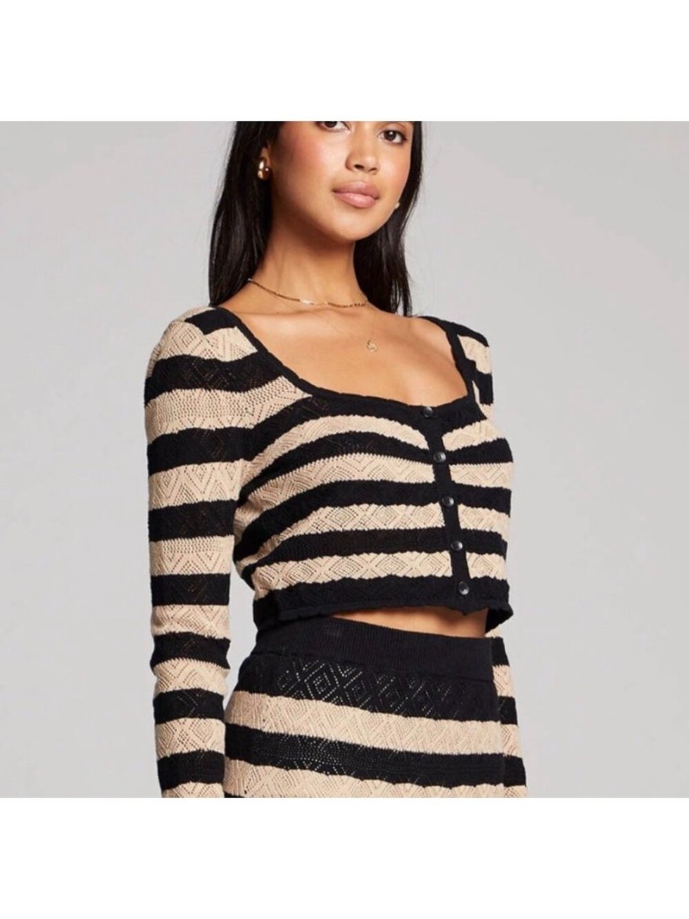 Saltwater Luxe Black & Beige Striped Knit Cropped Cardigan Sweater Small